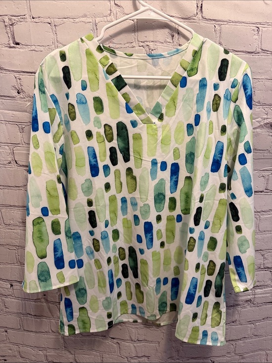 Source Unknown Tops - V-Neck Watercolor Dot Stripe Tunic - Green & Blue